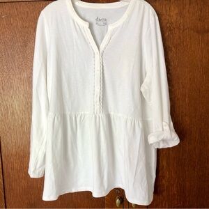 Denim & Company D&Co White Knit Henley baby doll roll-tab lace trim tunic 1XL
